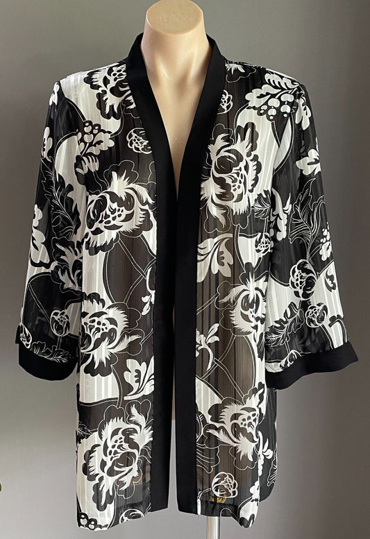 MILLERS Jacket Black White Floral Print 3/4 Sleeve Kimono Size 16 Silver Thread