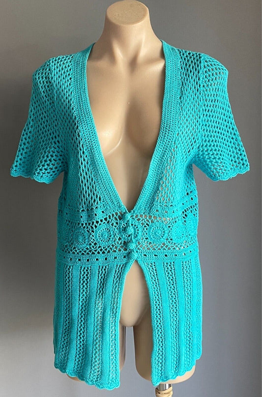 MILLERS Crochet Top Blue Knitwear Open Knit Short Sleeves Size M 12 Buttons