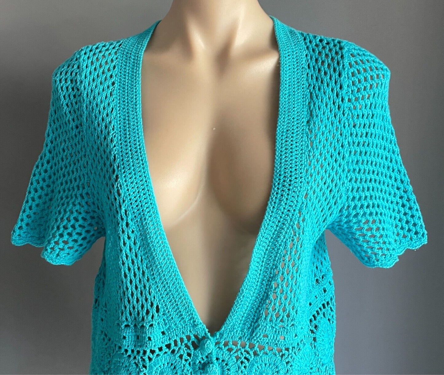 MILLERS Crochet Top Blue Knitwear Open Knit Short Sleeves Size M 12 Buttons
