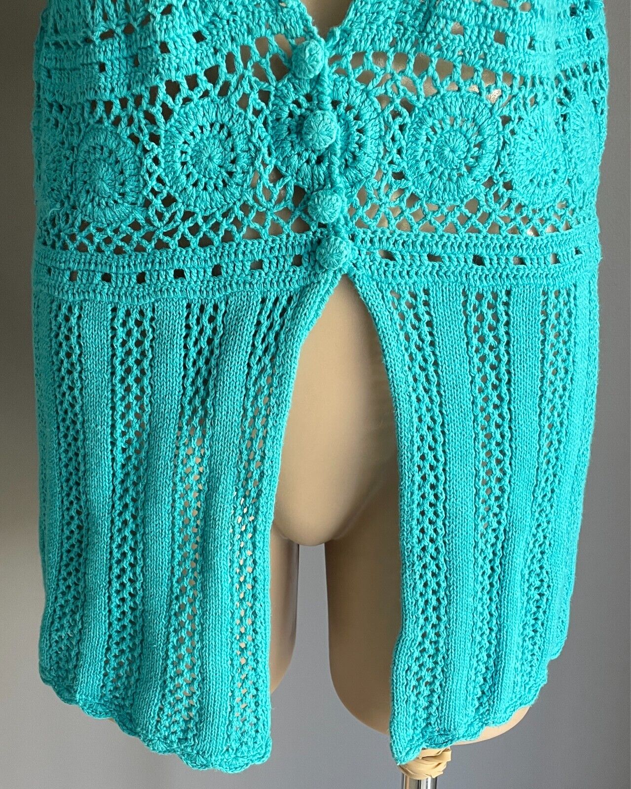 MILLERS Crochet Top Blue Knitwear Open Knit Short Sleeves Size M 12 Buttons