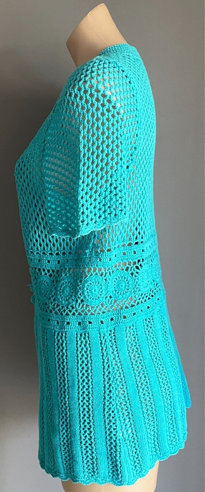 MILLERS Crochet Top Blue Knitwear Open Knit Short Sleeves Size M 12 Buttons