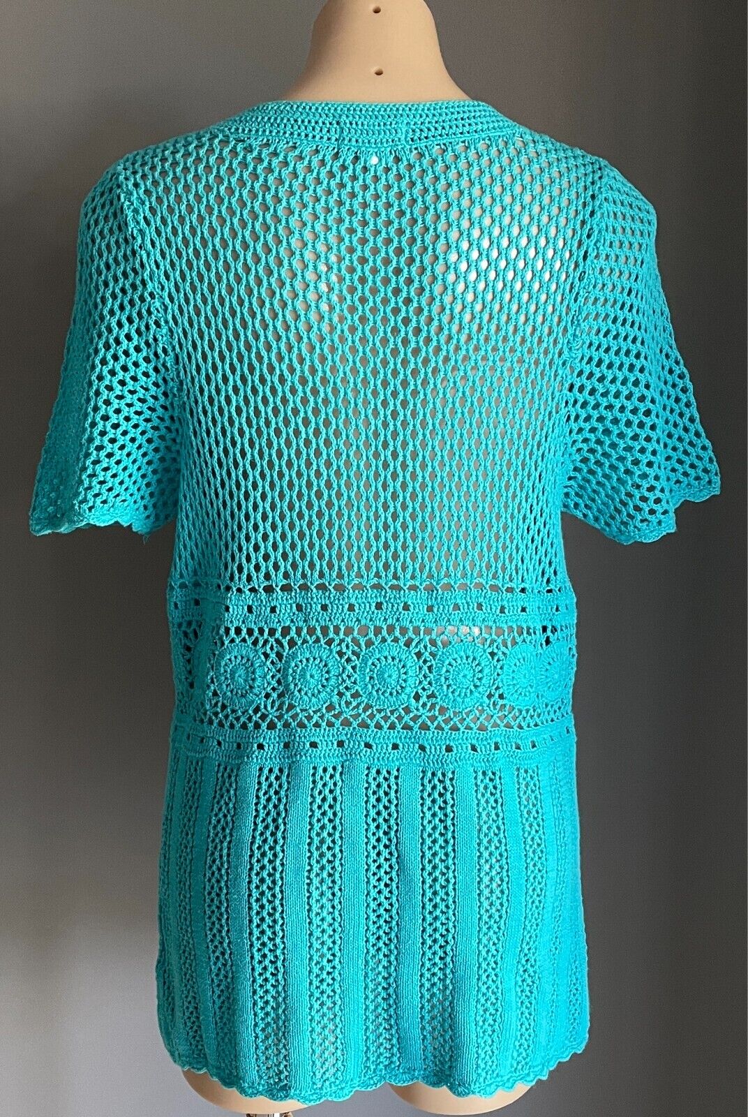 MILLERS Crochet Top Blue Knitwear Open Knit Short Sleeves Size M 12 Buttons