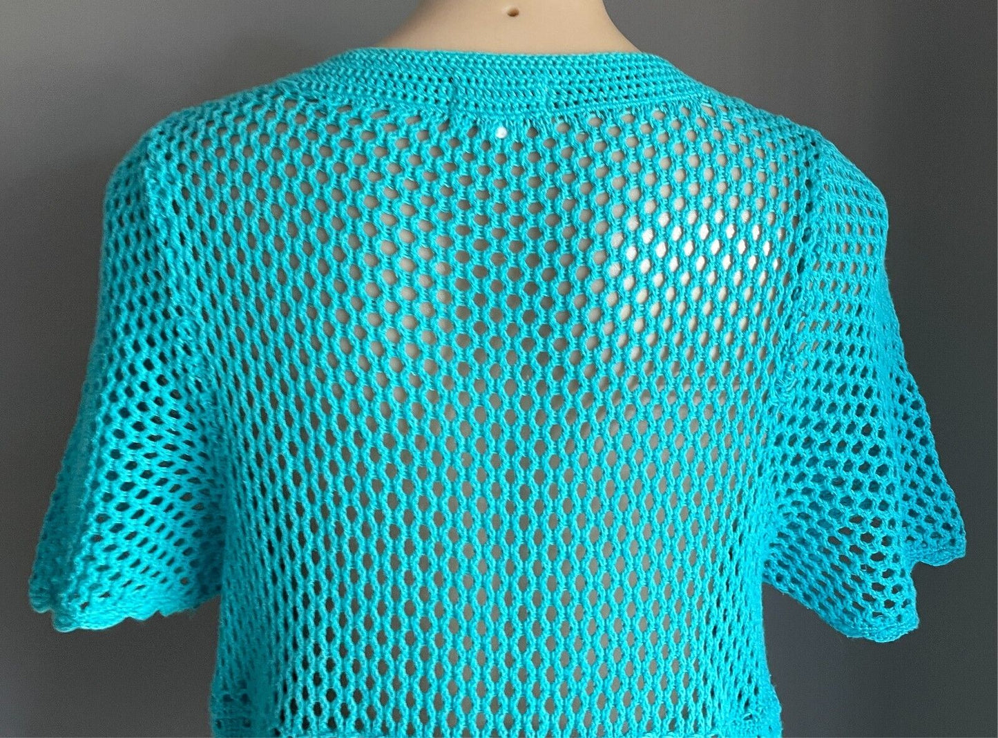 MILLERS Crochet Top Blue Knitwear Open Knit Short Sleeves Size M 12 Buttons