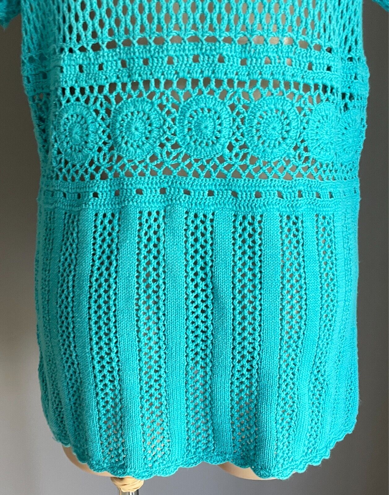 MILLERS Crochet Top Blue Knitwear Open Knit Short Sleeves Size M 12 Buttons