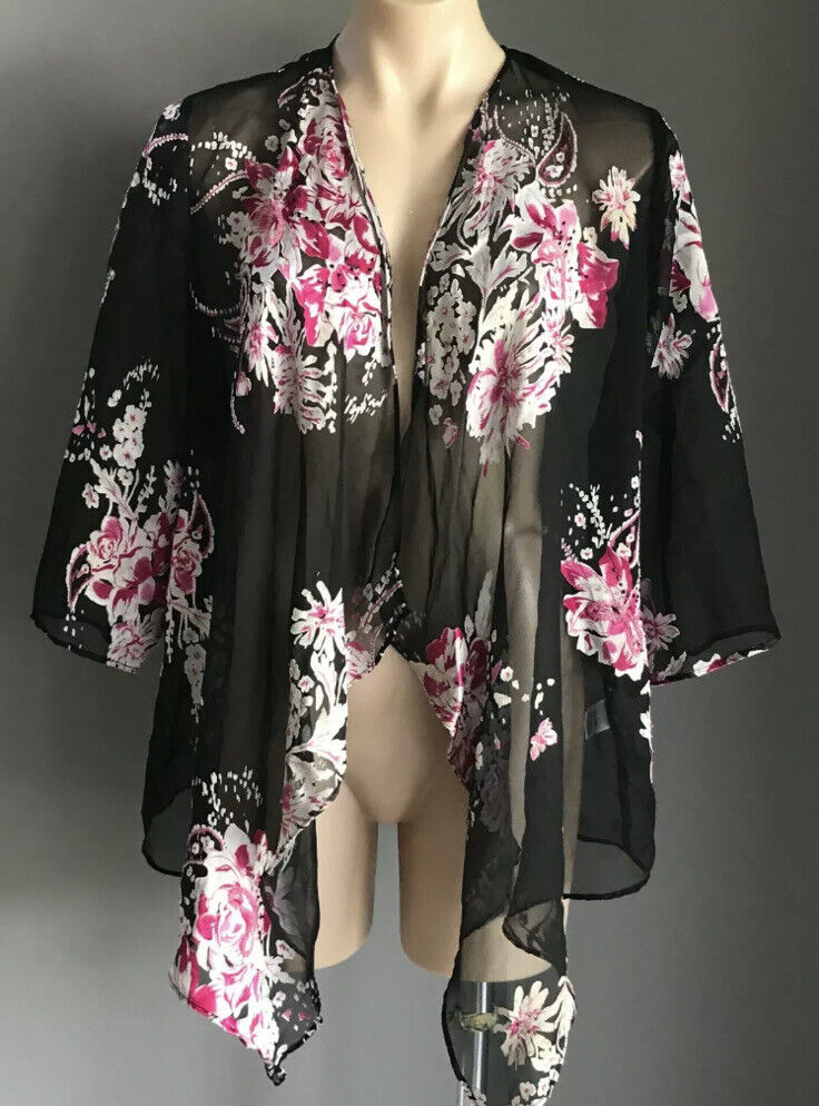 OCCASIONS By Millers Drape Jacket Chiffon Black Silver Floral Pink Glass Bead 12