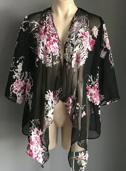 OCCASIONS By Millers Drape Jacket Chiffon Black Silver Floral Pink Glass Bead 12