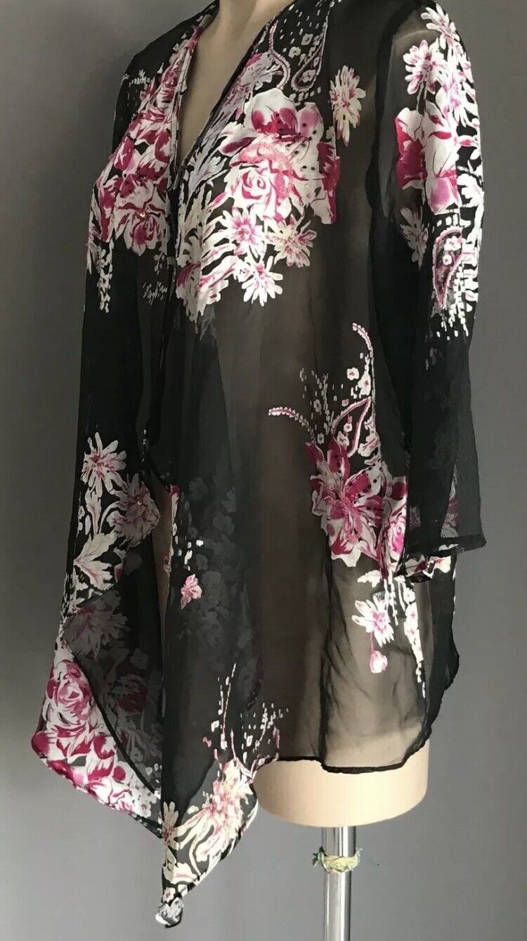 OCCASIONS By Millers Drape Jacket Chiffon Black Silver Floral Pink Glass Bead 12