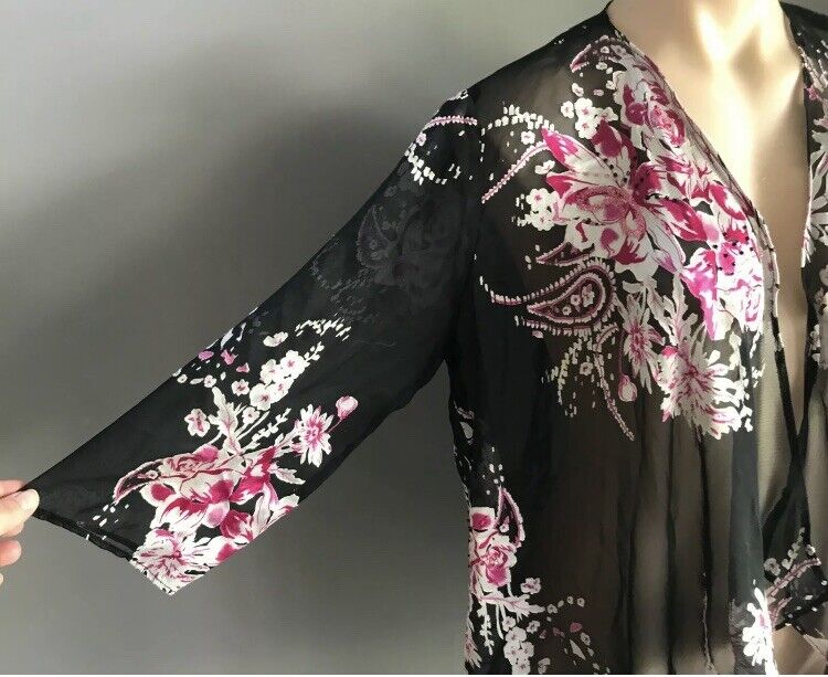 OCCASIONS By Millers Drape Jacket Chiffon Black Silver Floral Pink Glass Bead 12