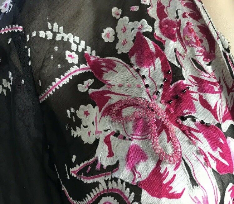 OCCASIONS By Millers Drape Jacket Chiffon Black Silver Floral Pink Glass Bead 12
