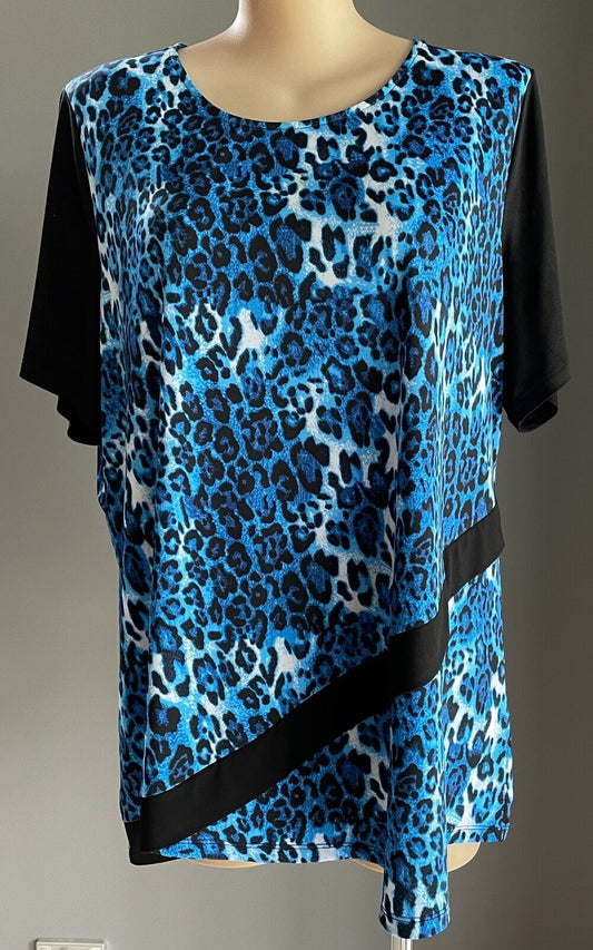 MILLERS Top Blue White Black Leopard Print Short Sleeve Stretch Blouse Plus 26