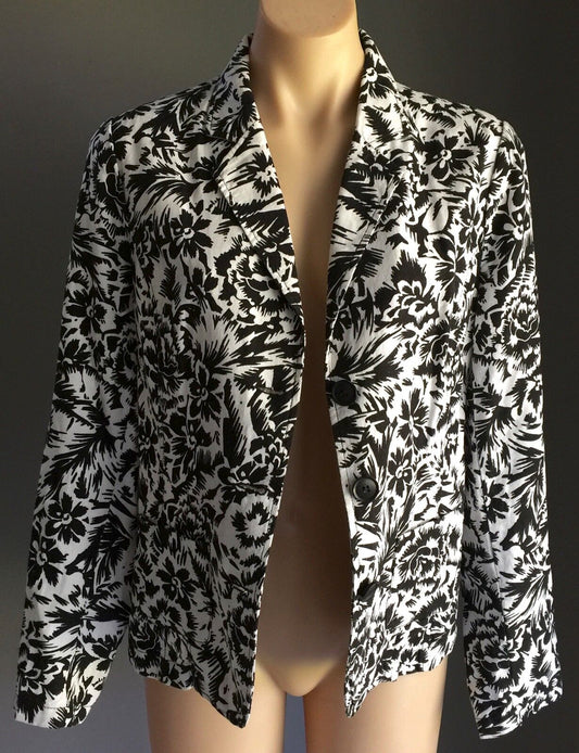 MILLERS Denim Jacket Black White Linen Blend Floral Print Ladies Sz 12 Gorgeous