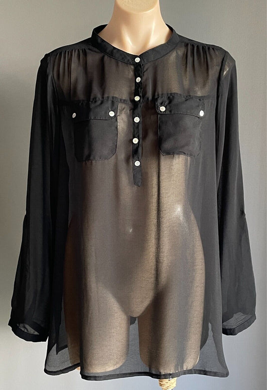 MILLERS Top Blouse Black Semi Sheer Adjustable Sleeves Size 16 Pockets NEW