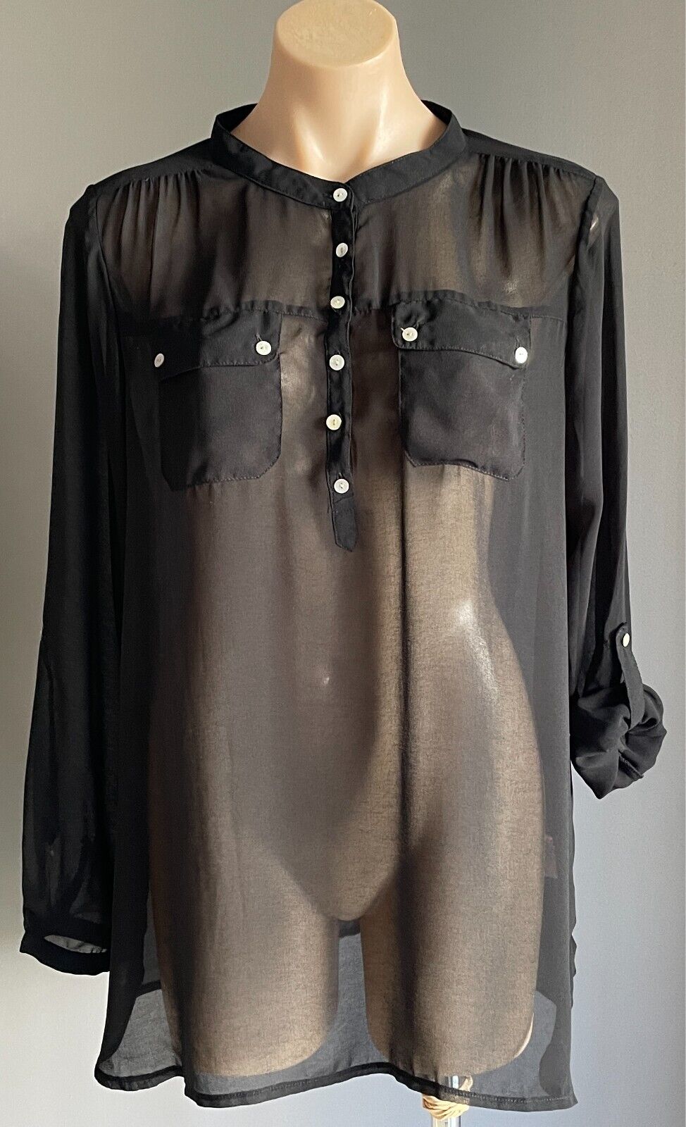 MILLERS Top Blouse Black Semi Sheer Adjustable Sleeves Size 16 Pockets NEW