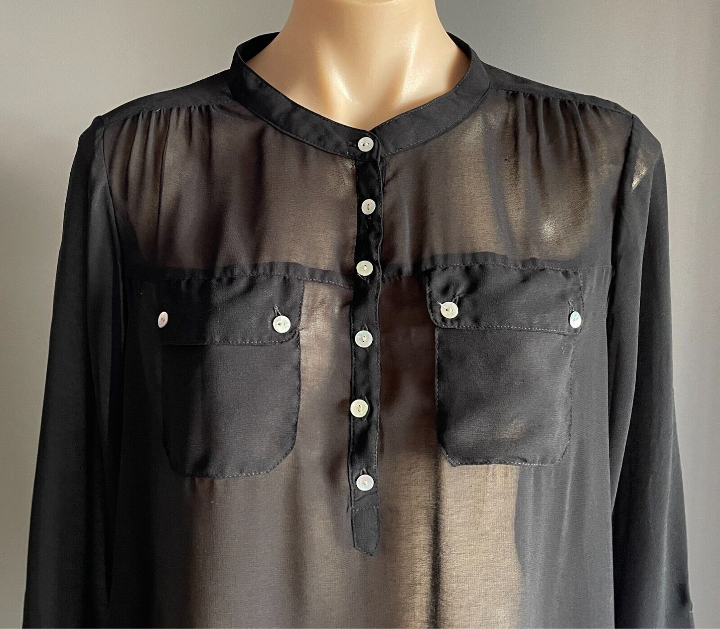 MILLERS Top Blouse Black Semi Sheer Adjustable Sleeves Size 16 Pockets NEW