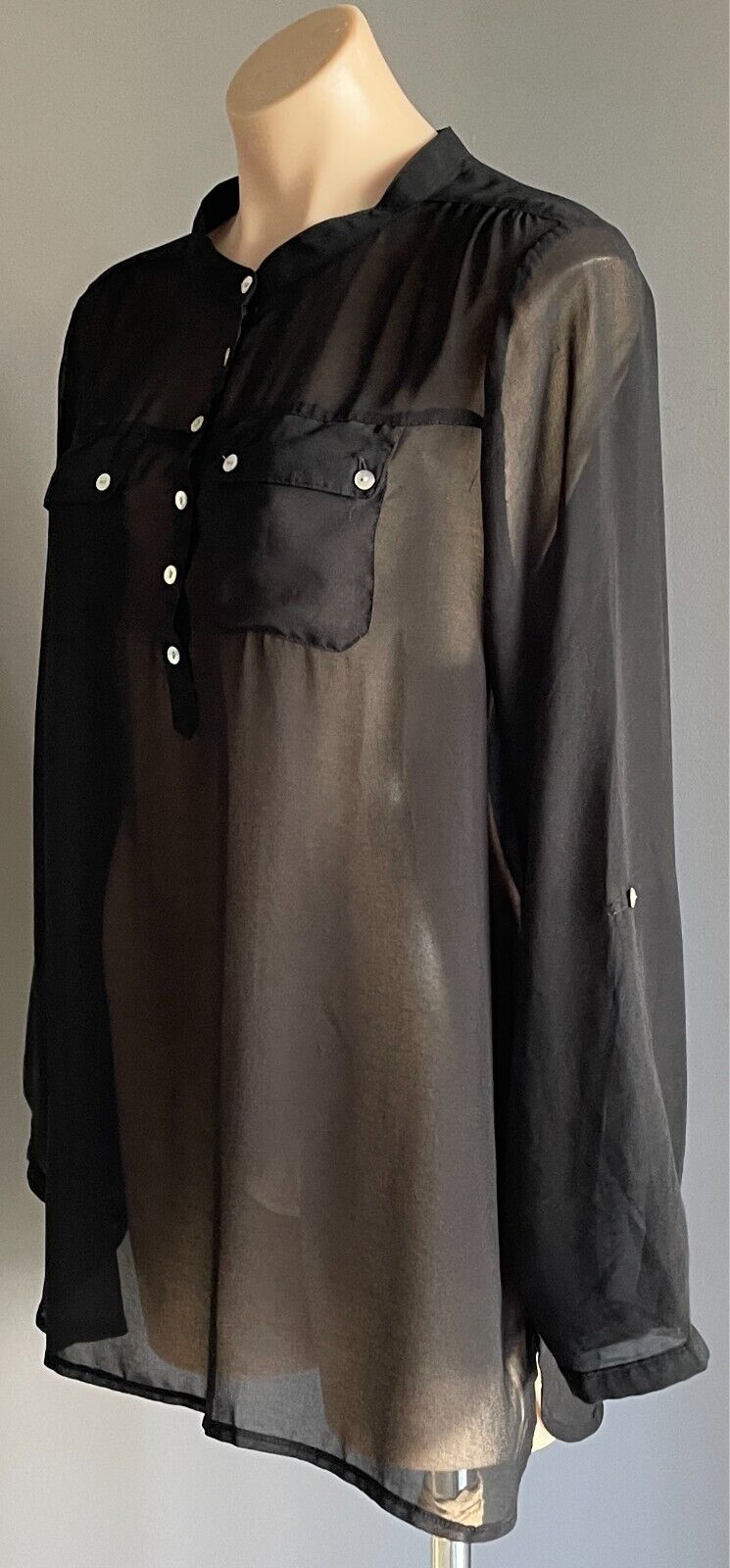 MILLERS Top Blouse Black Semi Sheer Adjustable Sleeves Size 16 Pockets NEW