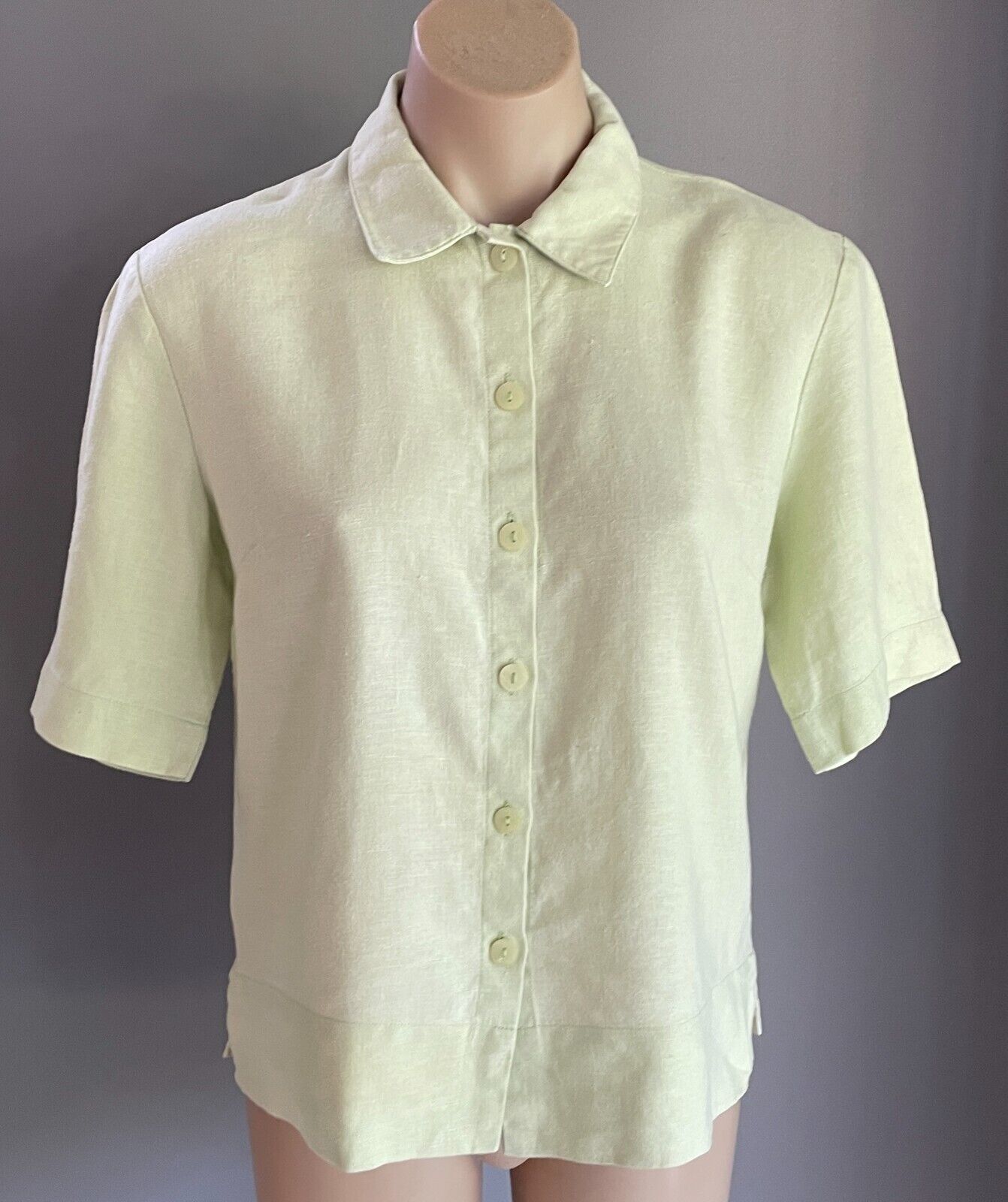 RODNEY CLARKE Shirt  Button Front Light Green Size 10 Linen Fabric Short Sleeve