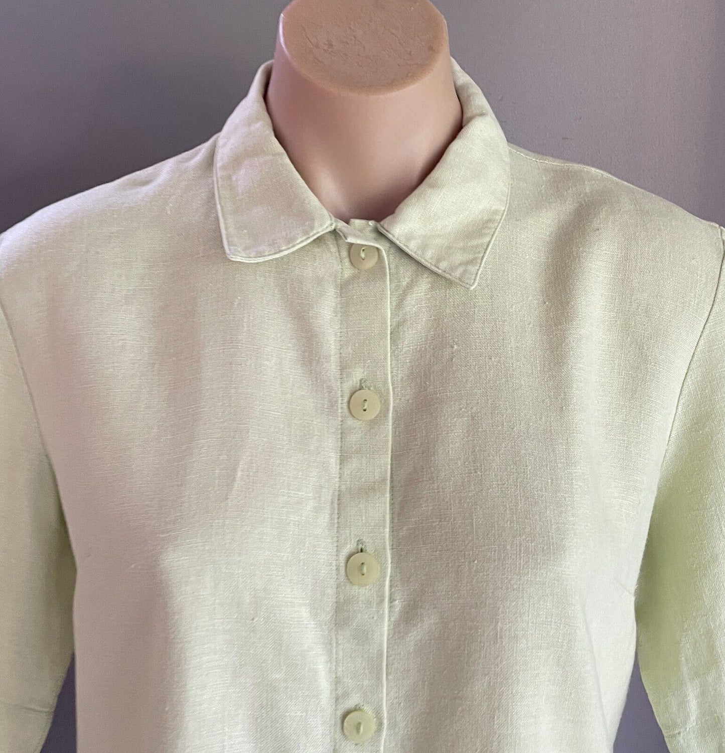 RODNEY CLARKE Shirt  Button Front Light Green Size 10 Linen Fabric Short Sleeve