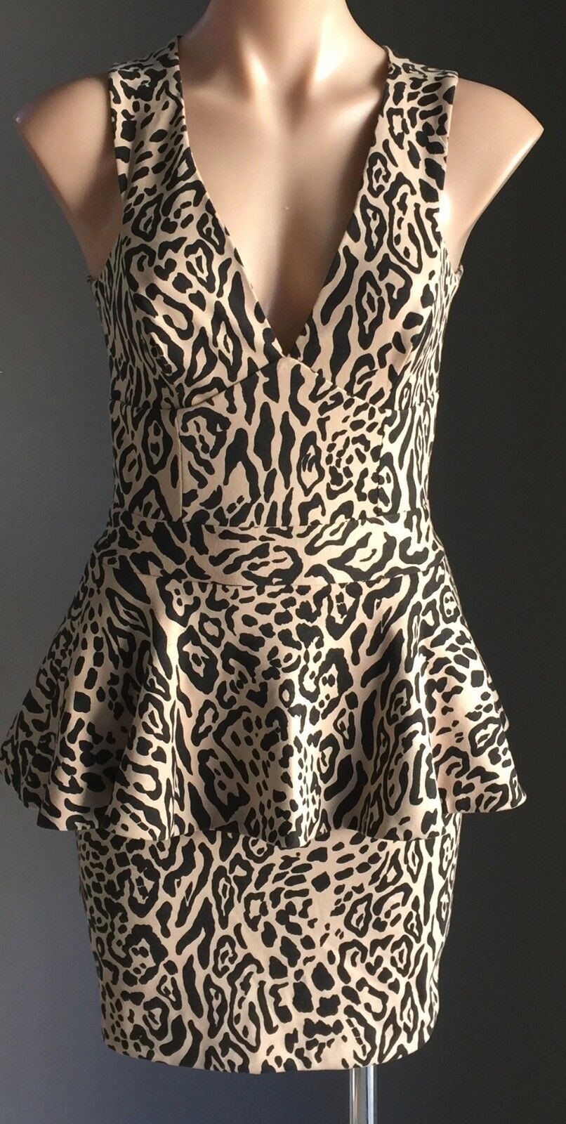 ASOS Dress Stretch Animal Print Peplum Waist Black Beige Size 8 10 Stunning NEW