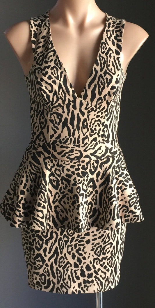 ASOS Dress Stretch Animal Print Peplum Waist Black Beige Size 8 10 Stunning NEW