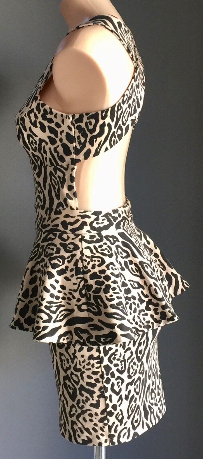 ASOS Dress Stretch Animal Print Peplum Waist Black Beige Size 8 10 Stunning NEW