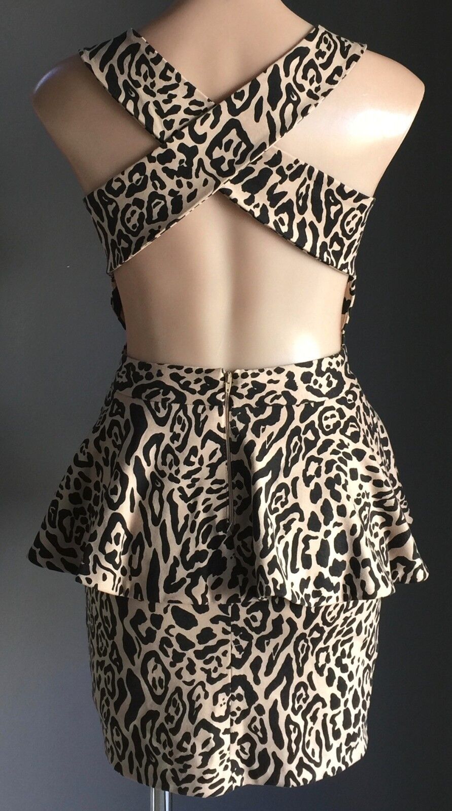 ASOS Dress Stretch Animal Print Peplum Waist Black Beige Size 8 10 Stunning NEW
