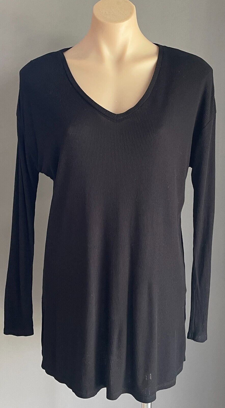 ASOS Hi Lo Top Black Ribbed Stretch Long Sleeve Hem Casual Top Size 10 NEW