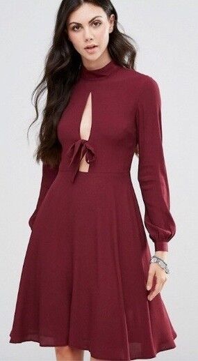 GLAMOROUS TALL ASOS Dress Tie at Chest Long Sleeve Burgundy Berry Size 8 NEW