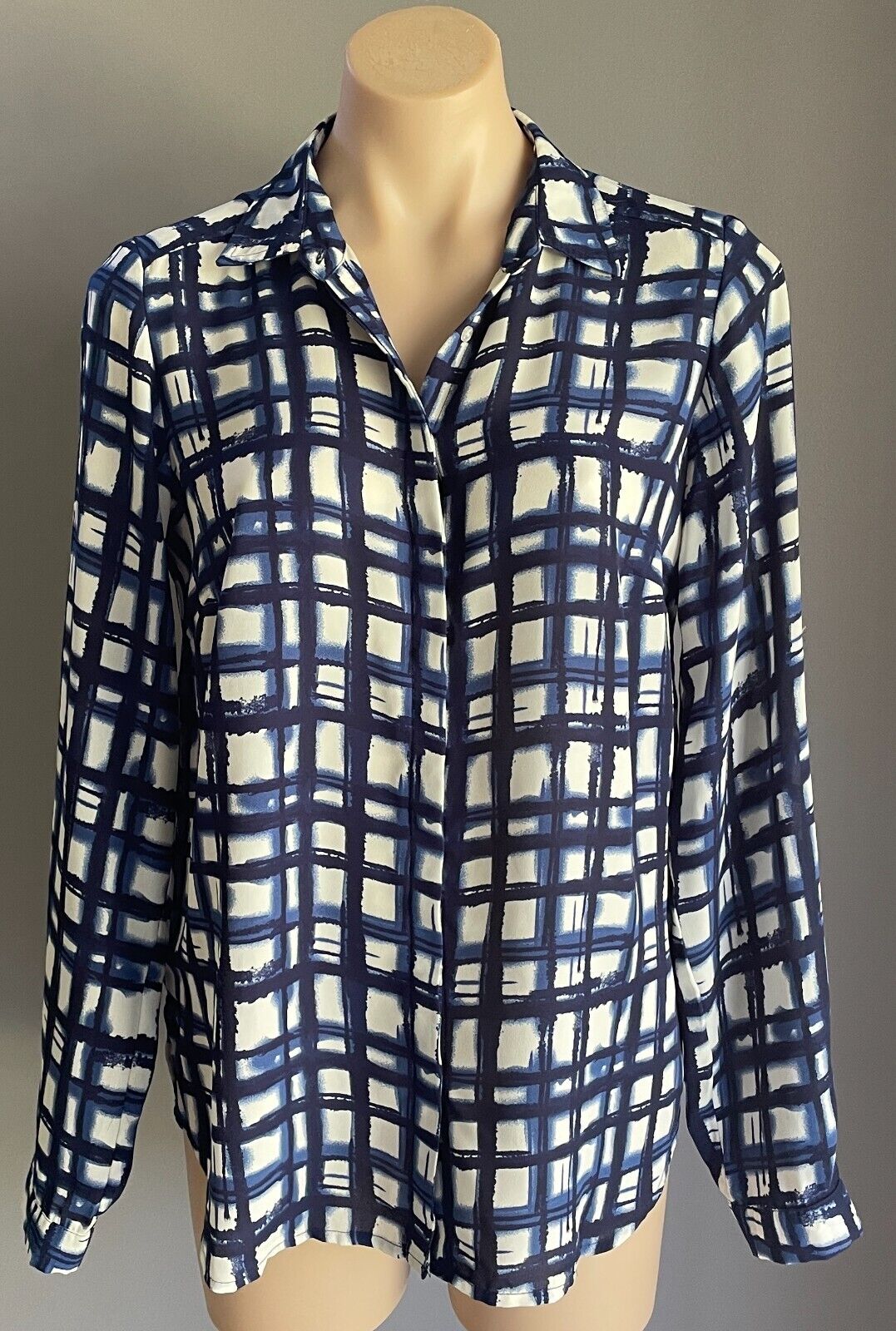 PETER MORRISSEY Shirt Blue White Irregular Check Print Long Sleeve Size 12 NEW