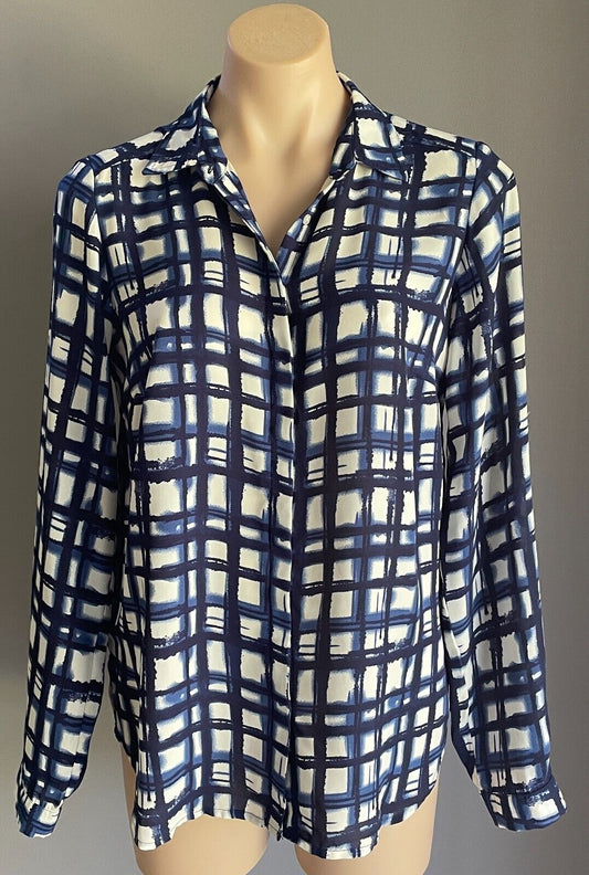 PETER MORRISSEY Shirt Blue White Irregular Check Print Long Sleeve Size 12 NEW