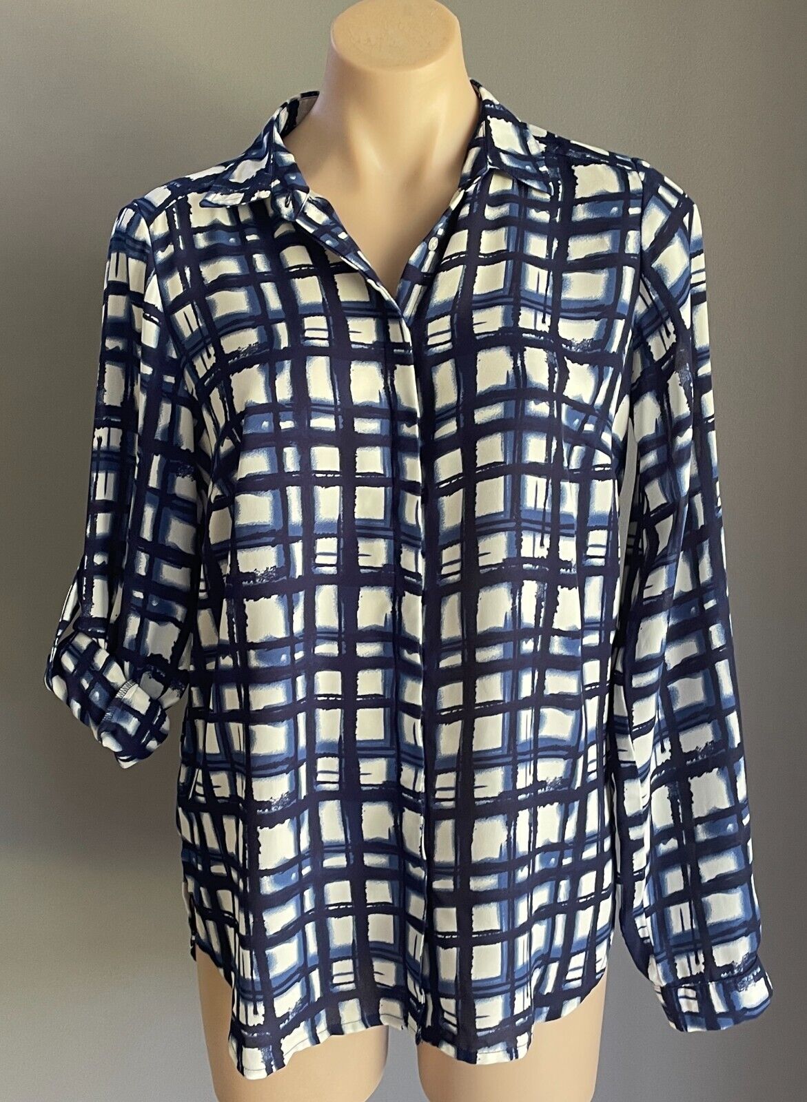 PETER MORRISSEY Shirt Blue White Irregular Check Print Long Sleeve Size 12 NEW