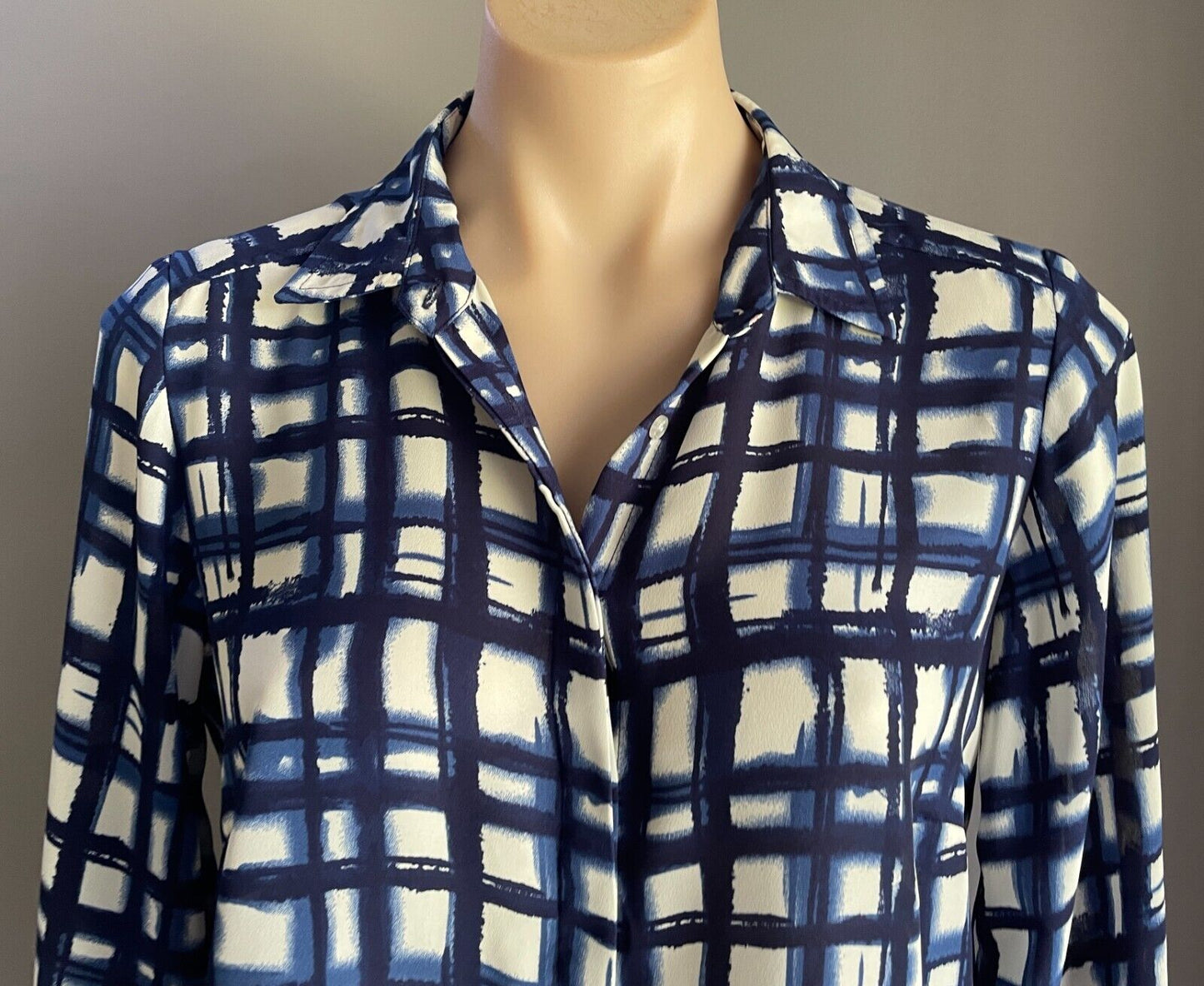 PETER MORRISSEY Shirt Blue White Irregular Check Print Long Sleeve Size 12 NEW