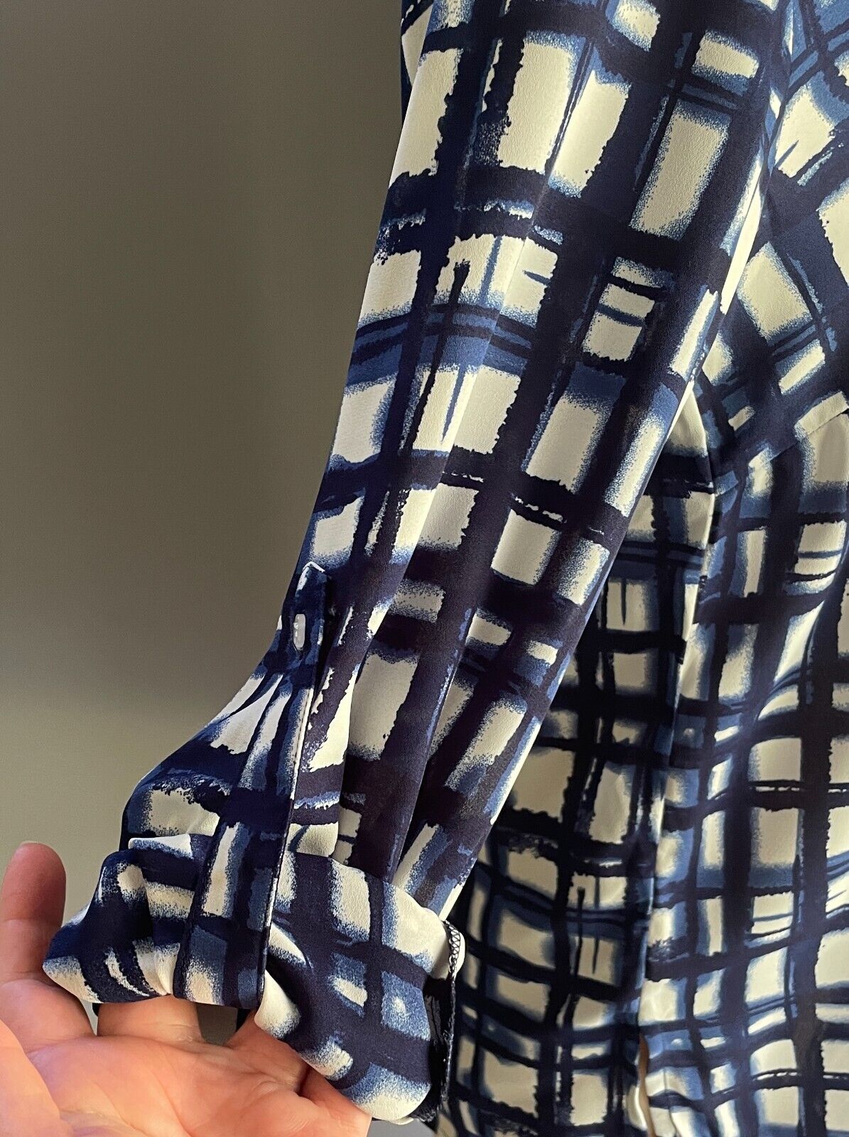 PETER MORRISSEY Shirt Blue White Irregular Check Print Long Sleeve Size 12 NEW
