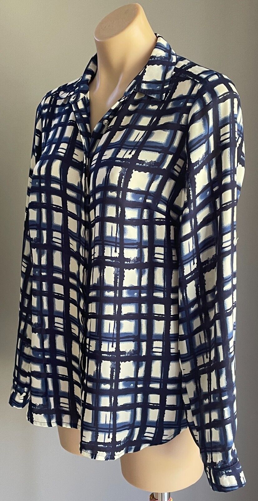 PETER MORRISSEY Shirt Blue White Irregular Check Print Long Sleeve Size 12 NEW