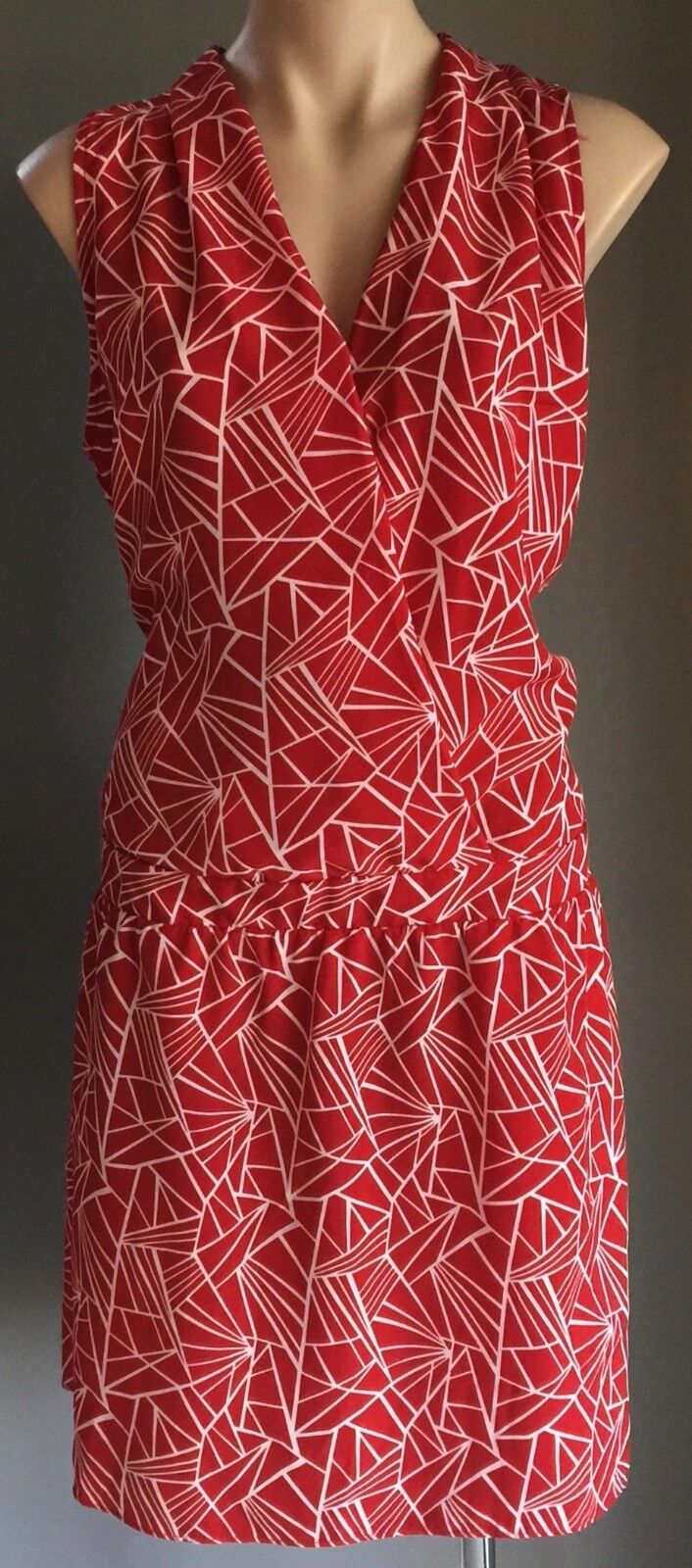 PETER MORRISSEY Dress Red & White Geo Print Sleeveless Drop Waist Size 16 NEW