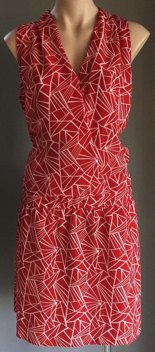 PETER MORRISSEY Dress Red & White Geo Print Sleeveless Drop Waist Size 16 NEW