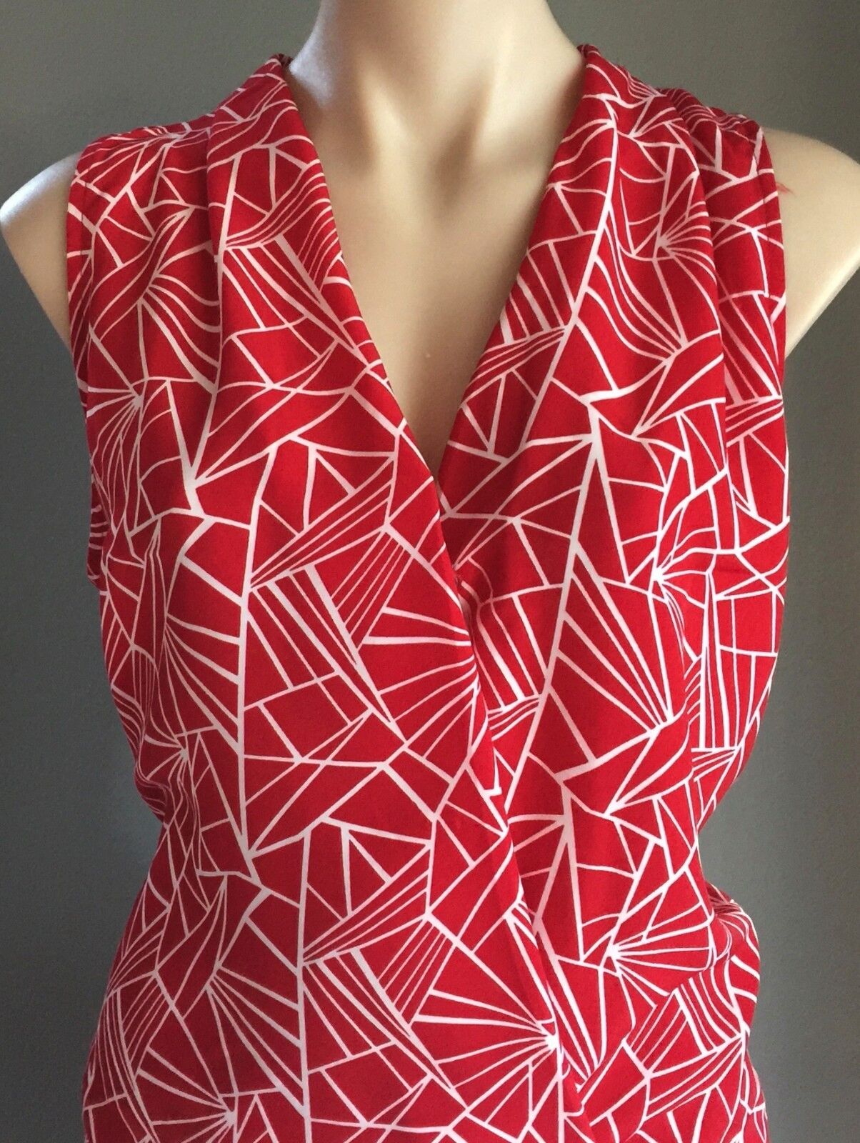 PETER MORRISSEY Dress Red & White Geo Print Sleeveless Drop Waist Size 16 NEW