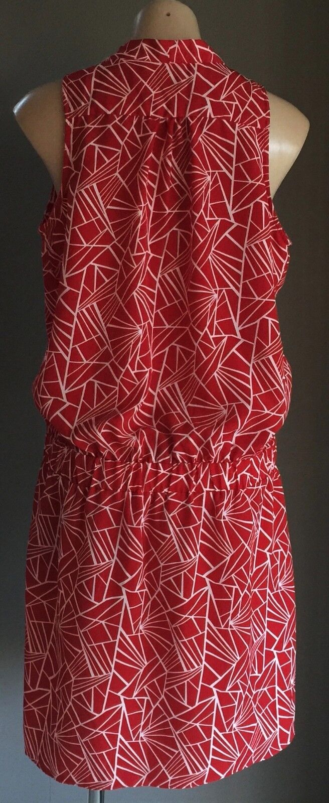 PETER MORRISSEY Dress Red & White Geo Print Sleeveless Drop Waist Size 16 NEW