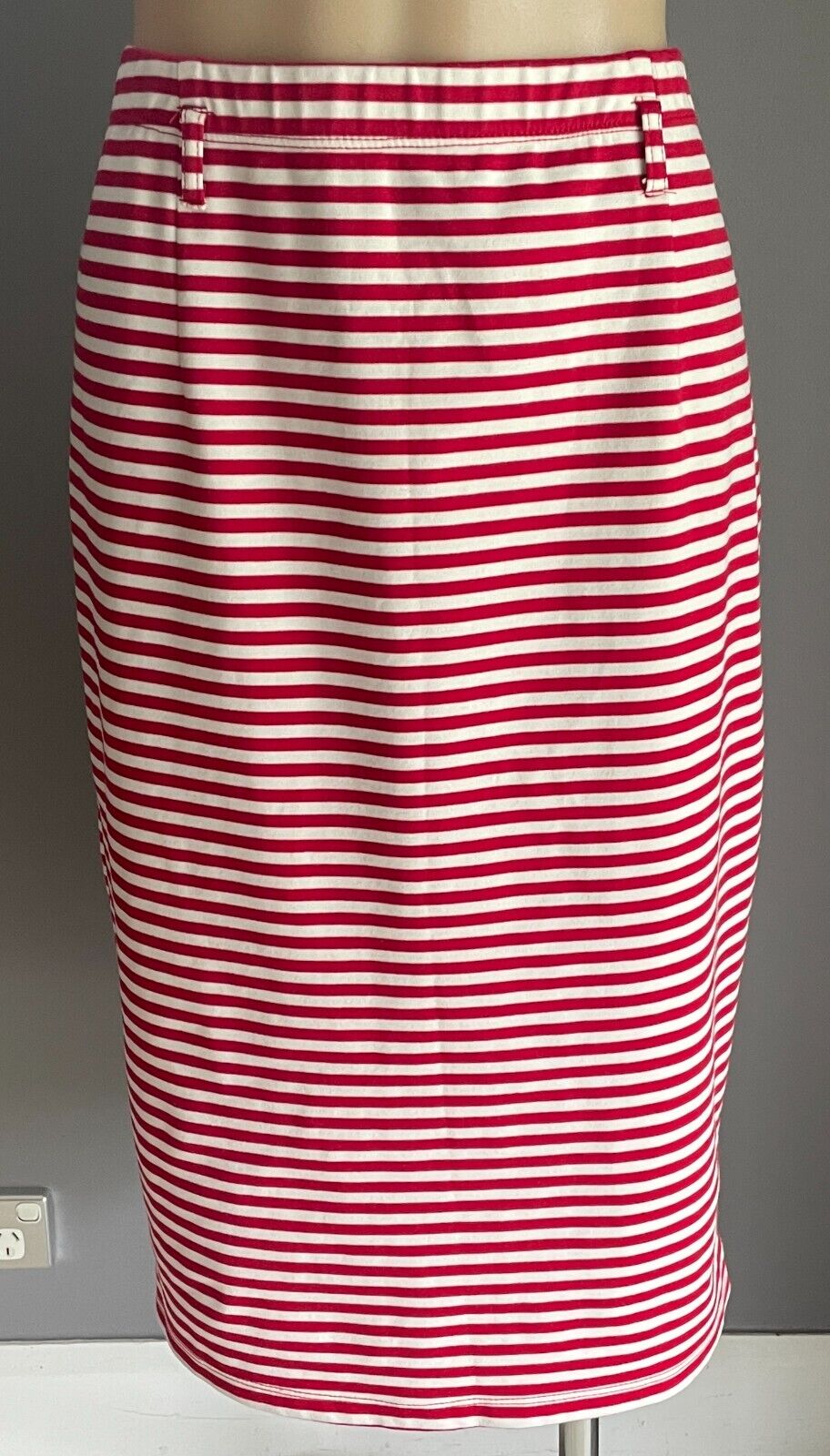 PETER MORRISSEY Midi Skirt Red White Stripe Stretch Size 16 Elastic Waist NEW