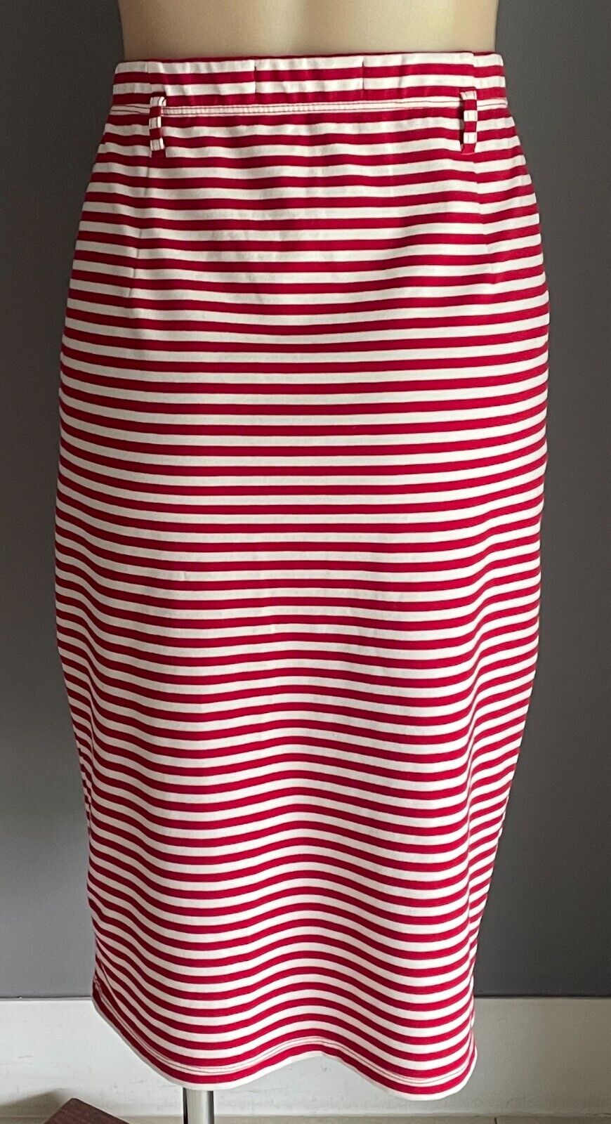 PETER MORRISSEY Midi Skirt Red White Stripe Stretch Size 16 Elastic Waist NEW