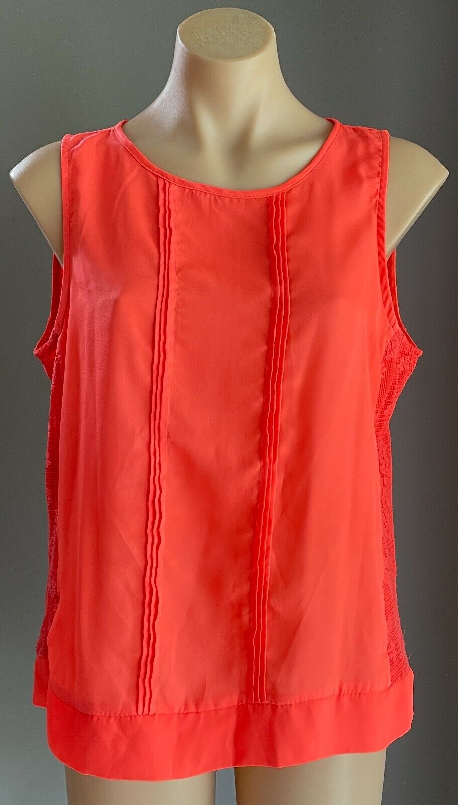 TEMT Cami Top Coral Semi Sheer Sleeveless w Seam Detail & Lace at Sides Size 14