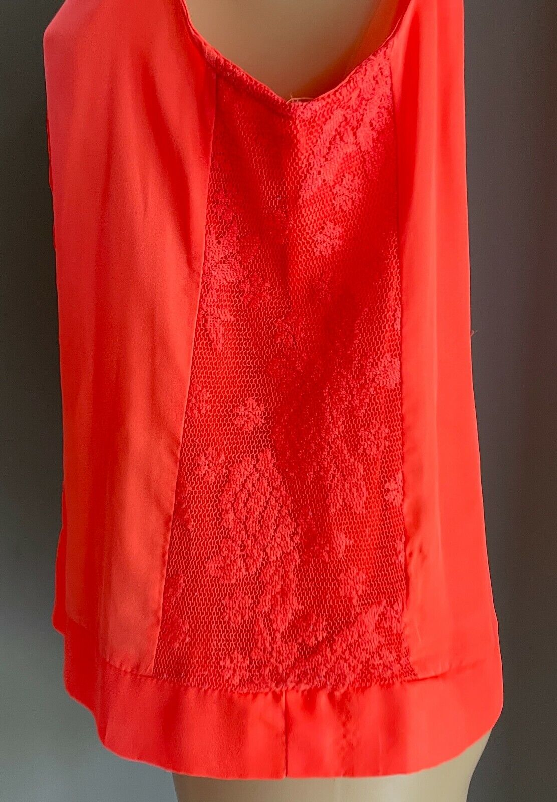 TEMT Cami Top Coral Semi Sheer Sleeveless w Seam Detail & Lace at Sides Size 14