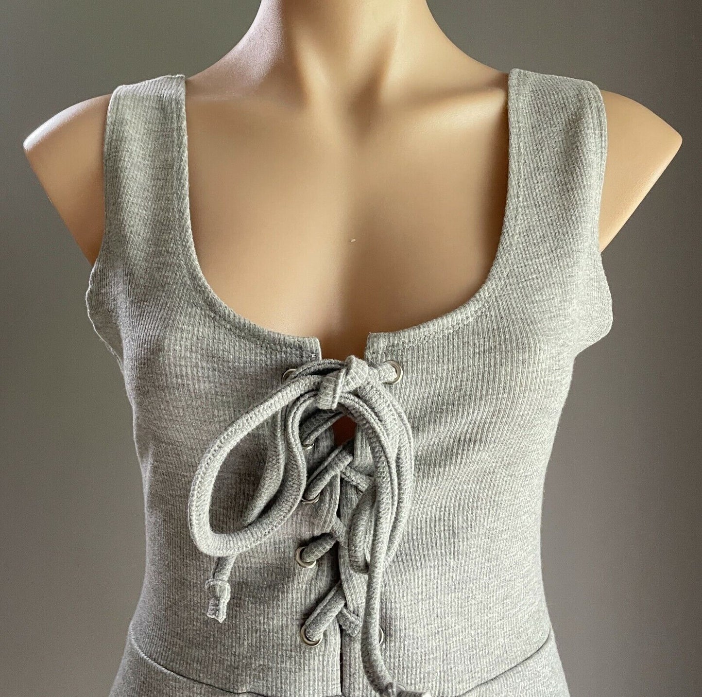 TEMT  Bodysuit Grey Marl Rib Stretch Fabric Chest Tie Sleeveless Size XL NEW