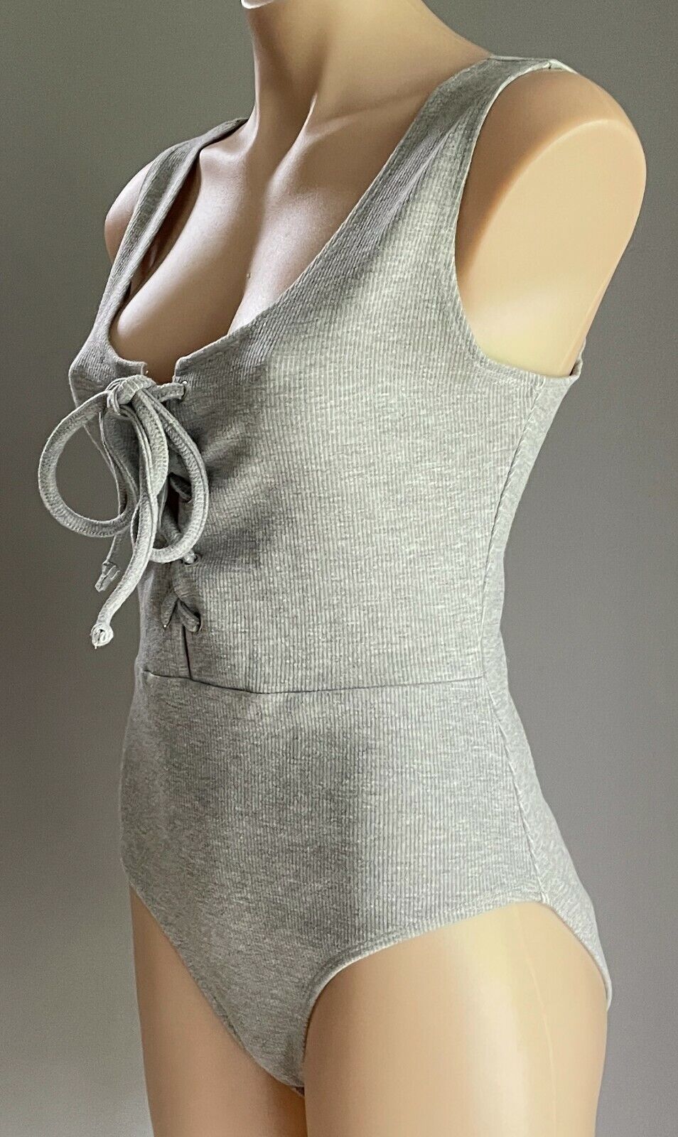 TEMT  Bodysuit Grey Marl Rib Stretch Fabric Chest Tie Sleeveless Size XL NEW