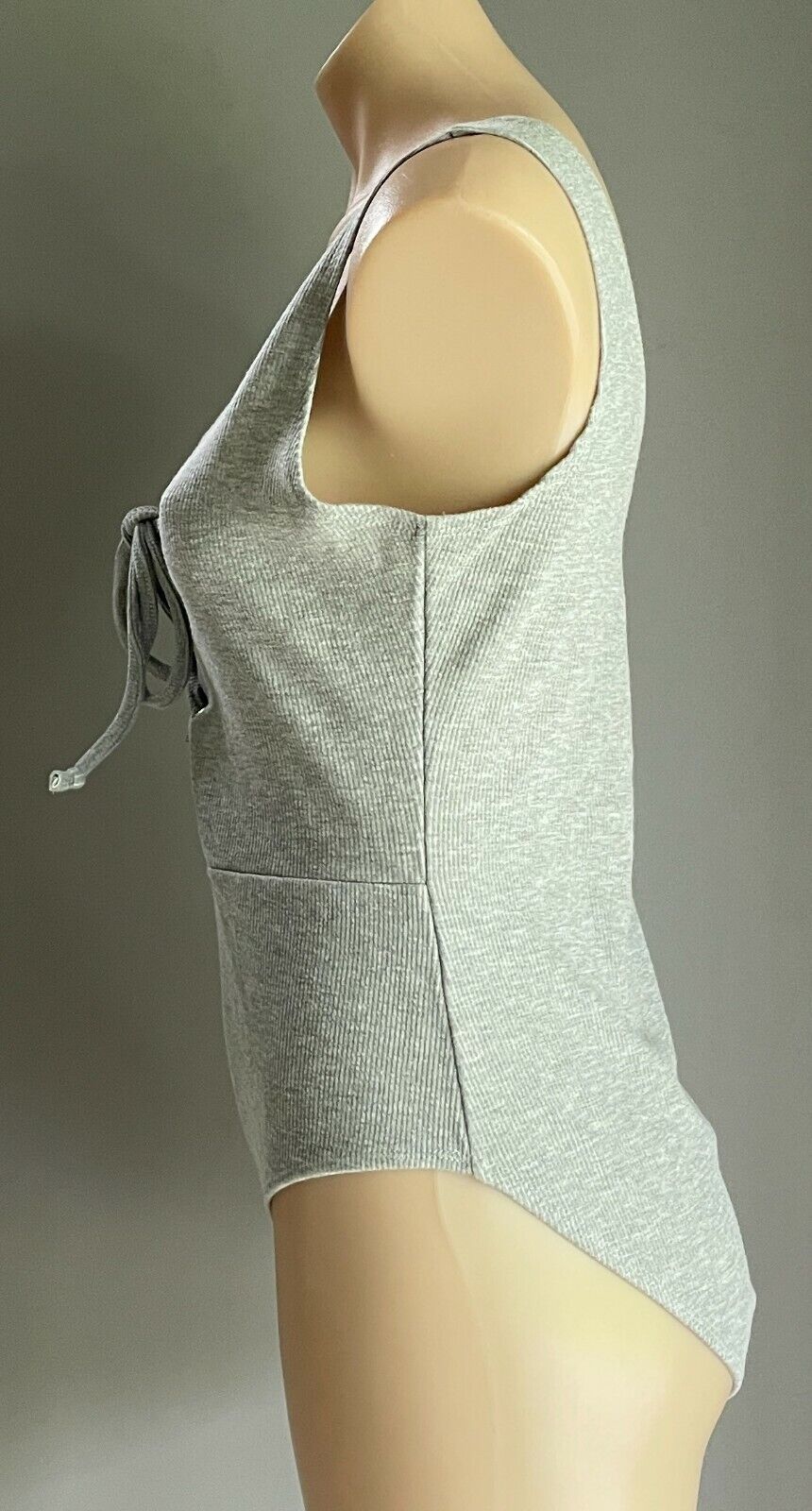 TEMT  Bodysuit Grey Marl Rib Stretch Fabric Chest Tie Sleeveless Size XL NEW