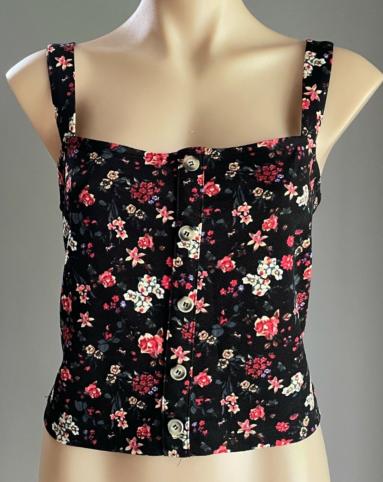 TEMT Crop Top Black Floral Soft Stretch Straps Faux Button Front Size XL  12 NEW