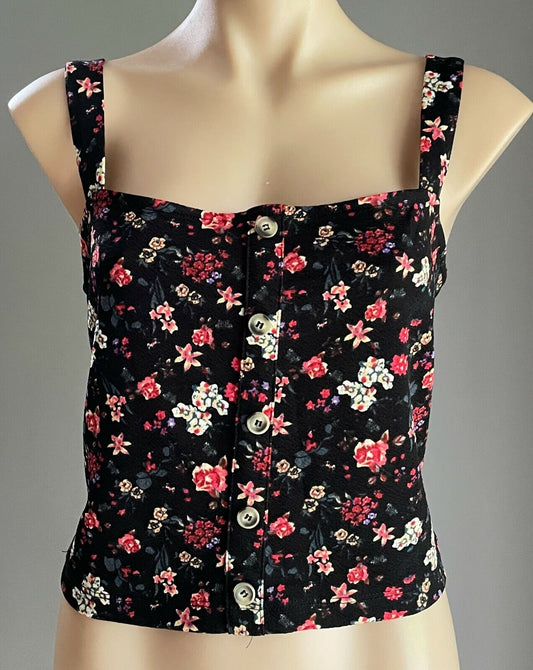 TEMT Crop Top Black Floral Soft Stretch Straps Faux Button Front Size XL  12 NEW