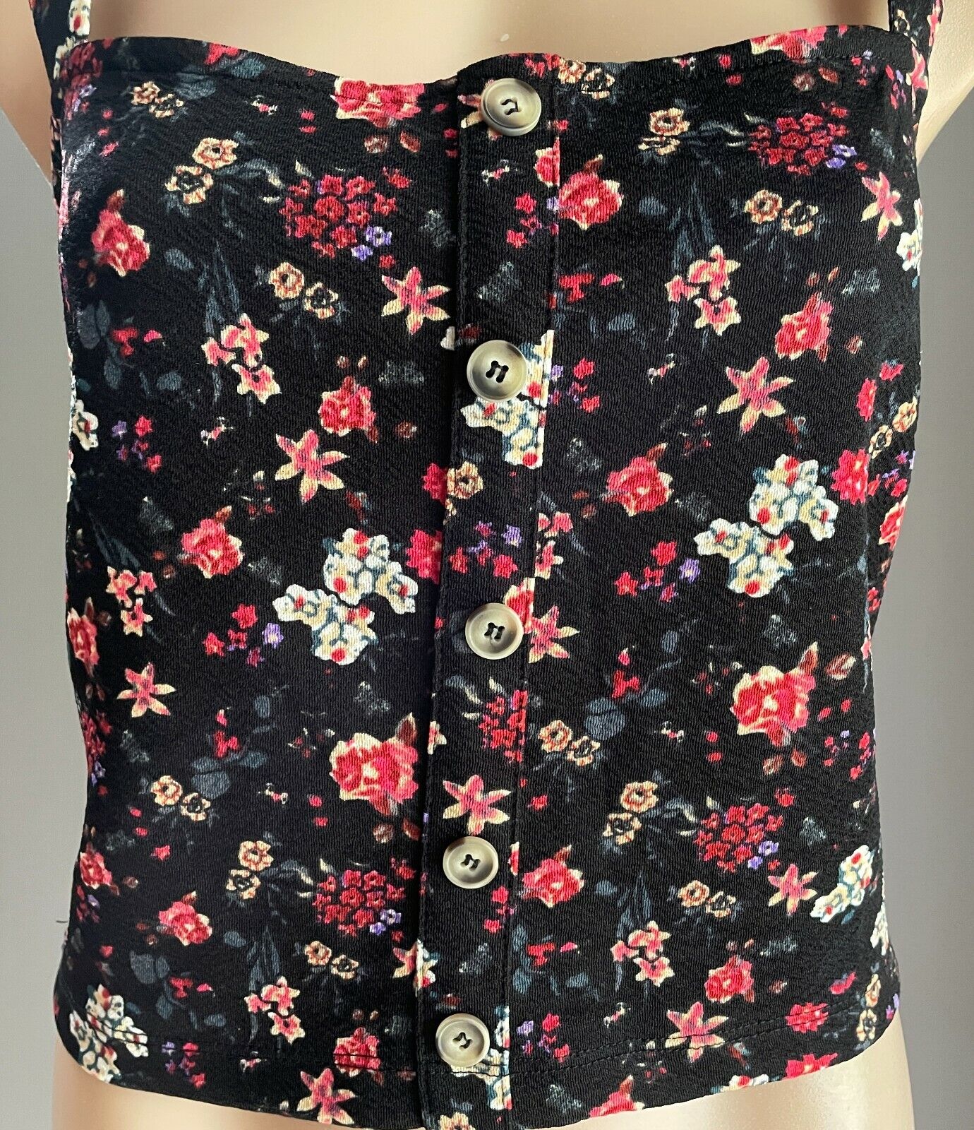TEMT Crop Top Black Floral Soft Stretch Straps Faux Button Front Size XL  12 NEW