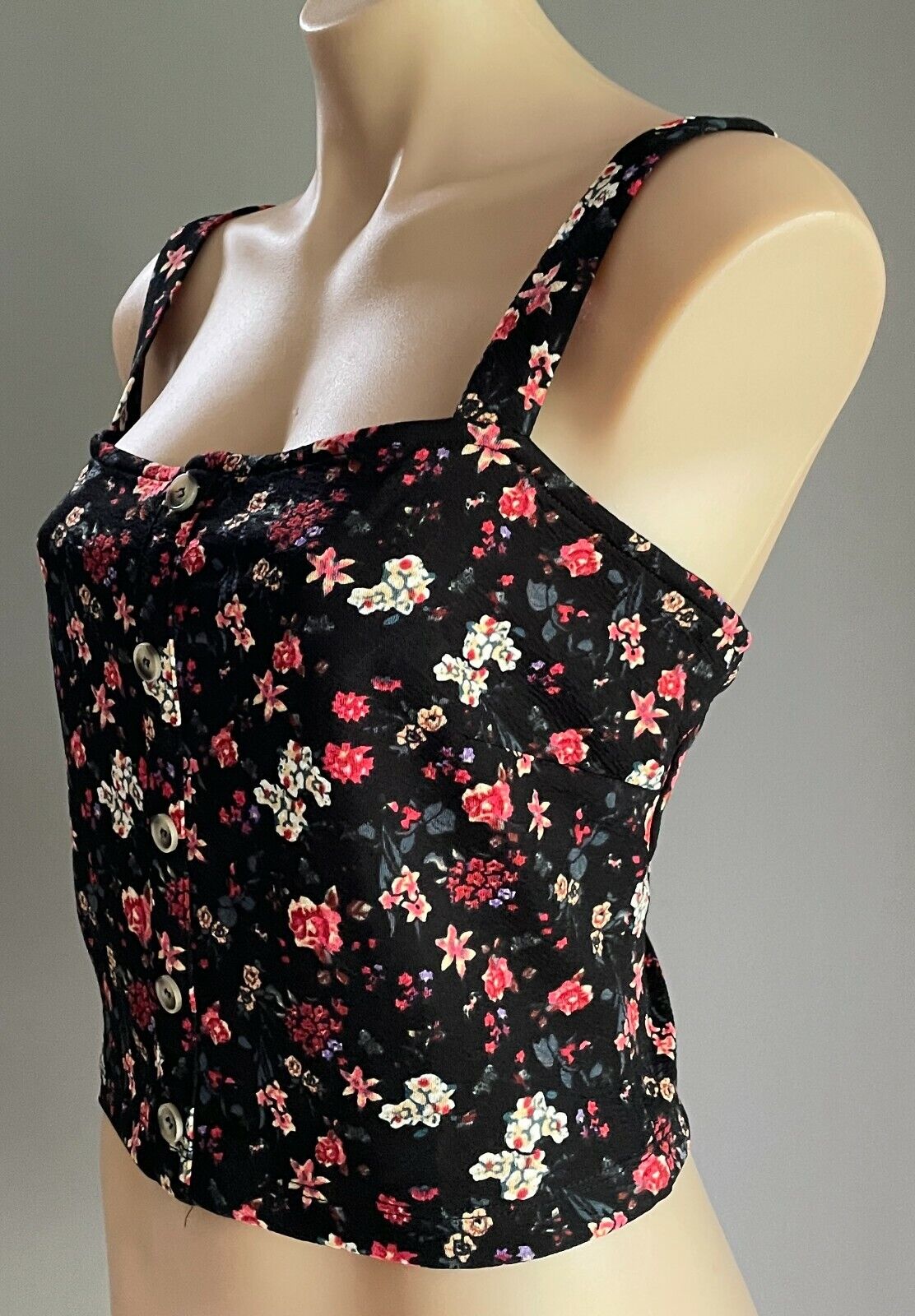 TEMT Crop Top Black Floral Soft Stretch Straps Faux Button Front Size XL  12 NEW