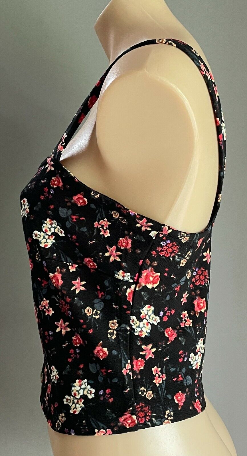 TEMT Crop Top Black Floral Soft Stretch Straps Faux Button Front Size XL  12 NEW