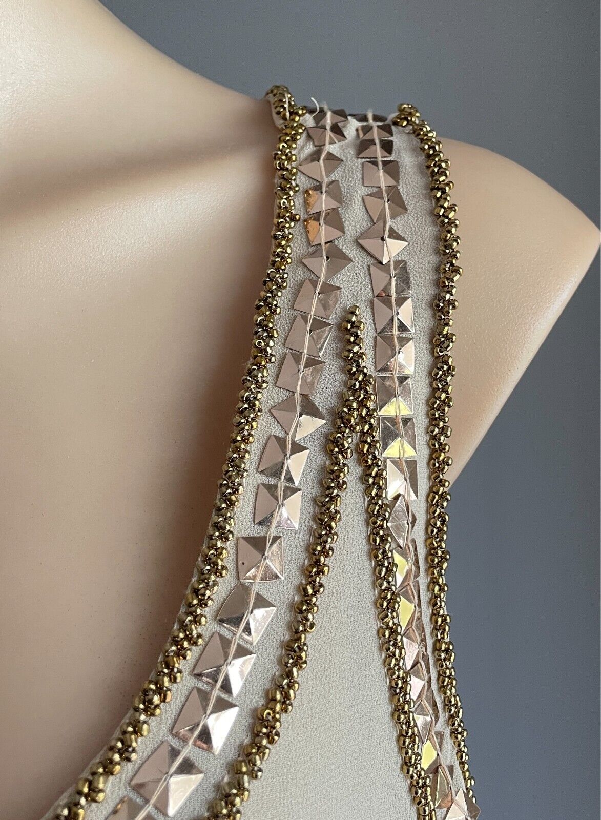 TEMT Top Beige Beaded Pearl Stud Size 14 Hanging Beads Notched Hem Flapper 20s